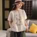 Vintage Printed Linen Top Women's Summer Round Neck Short Sleeve T-Shirt Literary Crew Neck Blouse