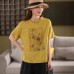 Vintage Printed Linen Top Women's Summer Round Neck Short Sleeve T-Shirt Literary Crew Neck Blouse