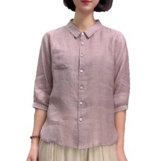 Summer New Literary Hemp Three-quarter Sleeve Shirt Casual Loose Versatile Solid Color Cardigan Simple Turn-down Collar Top Summer New Literary Hemp Three-quarter Sleeve Shirt Casual Loose Versatile Solid Color Cardigan Simple Turn-down Collar Top