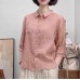 Summer New Literary Hemp Three-quarter Sleeve Shirt Casual Loose Versatile Solid Color Cardigan Simple Turn-down Collar Top