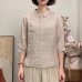 Summer New Literary Hemp Three-quarter Sleeve Shirt Casual Loose Versatile Solid Color Cardigan Simple Turn-down Collar Top