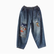 Retro Cartoon Owl Applique Embroidery Denim Pants Women Loose Plus Size Slimming Cuffed Ankle-Length Dad Harem Pants