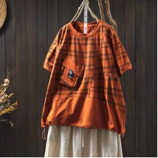 Hem Drawstring Color Block Plaid Short Sleeve T-Shirt Women Design Loose Casual Personalized Top