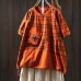 Hem Drawstring Color Block Plaid Short Sleeve T-Shirt Women Design Loose Casual Personalized Top