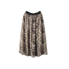 Vintage Color Washed Printed Tencel Ramie Skirt with Elastic Waist, Slimming Mid-Length Dress