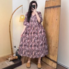 Vintage All-Match Digital Print Pleated Loose Single-Layer Dress Top for Women