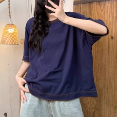 Casual Versatile Simple Colorblock Collar Knitted Cotton Crew Neck Short Sleeve Top Women