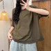 Casual Versatile Simple Colorblock Collar Knitted Cotton Crew Neck Short Sleeve Top Women