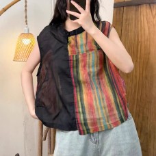 Vintage Linen Oblique Placket Button Pure Color Print Splicing Sleeveless Top for Women