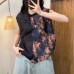 Vintage Linen Oblique Placket Button Pure Color Print Splicing Sleeveless Top for Women