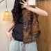 Vintage Linen Oblique Placket Button Pure Color Print Splicing Sleeveless Top for Women