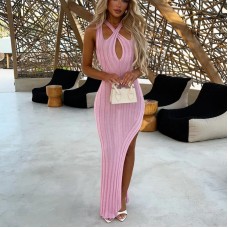 Fitted Solid Color Knit Rib Side Slit Dress Women