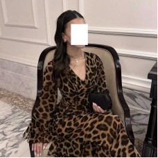 Elegant and Sexy Chiffon Leopard Print V-Neck Long Sleeve Party Dress