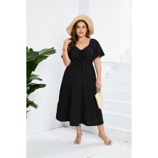 V-neck High-Waist Long Dress Short Sleeve Plus Size Dress