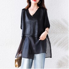 Plus Size Women's Mid-Length Spliced Short Sleeve Simple Loose Elegant Versatile Top
