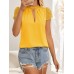 Women's Embroidered Mesh Bubble Sleeve Keyhole Neck Ruffled Detail Lace