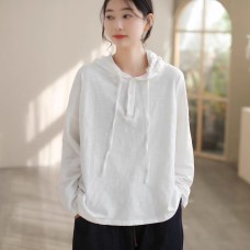 Spring New Arrival Women's Cotton Loose Solid Color Hooded Casual Retro Top