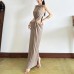 Casual irregular waist exposed solid color jumpsuit long skirt