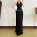Hanging neck slim fit V-neck sleeveless backless solid color hip hugging jumpsuit for women