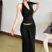 Hanging neck slim fit V-neck sleeveless backless solid color hip hugging jumpsuit for women