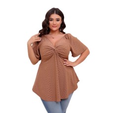 Solid Color Hollow Out Front Twist Waist V-Neck Short Sleeve Flared Top Solid Color Hollow Out Front Twist Waist V-Neck Short Sleeve Flared Top