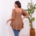 Solid Color Hollow Out Front Twist Waist V-Neck Short Sleeve Flared Top