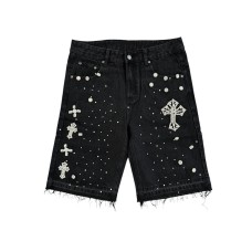 High Street Full Diamond Hip Hop Cross Straight Leg Rhinestone Denim Shorts Five-Point Denim Pants