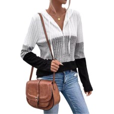 Women's Color Block Hooded Zipper Casual Long Sleeve Knitwear