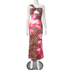 Leopard print hollowed out socialite style sexy long dress