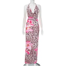 Flower leopard print swing collar backless tie rope tight jumpsuit long skirt Flower leopard print swing collar backless tie rope tight jumpsuit long skirt