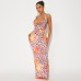Flower leopard print swing collar backless tie rope tight jumpsuit long skirt