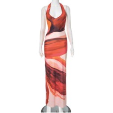 Printed neck strap sexy tight slit dress Printed neck strap sexy tight slit dress