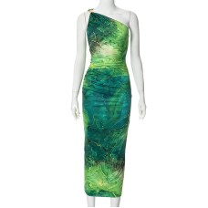Slant shoulder printed slim fit high waist long dress