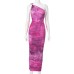 Slant shoulder printed slim fit high waist long dress