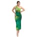 Slant shoulder printed slim fit high waist long dress