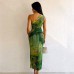 Slant shoulder printed slim fit high waist long dress