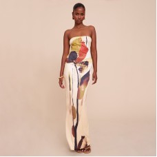Printed off shoulder strapless tight A-line long dress for women Printed off shoulder strapless tight A-line long dress for women
