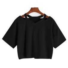 Shoulder Hollow Out Solid Color V-Neck Short Sleeve Loose Daily Women's Top