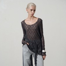 White U-neck Hollow-out Long-sleeve Inner Wear Top for Women