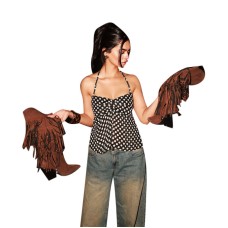 Polka dot printed pleated neck strap top