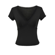 Lace Splicing Cross V-neck Short Sleeve  Top T-shirt