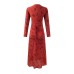 Belted Waist Printed Square Neck Long Sleeve Dress