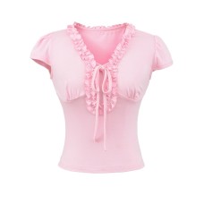 Lace Trimmed Tie Shoulder V-Neck Short Sleeve T-Shirt Lace Trimmed Tie Shoulder V-Neck Short Sleeve T-Shirt
