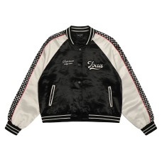 Embroidered satin contrasting patchwork baseball jersey with letters Embroidered satin contrasting patchwork baseball jersey with letters