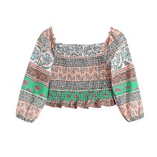Retro ethnic linen printed one shoulder top Retro ethnic linen printed one shoulder top