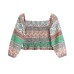 Retro ethnic linen printed one shoulder top
