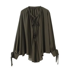 V-neck long sleeved pleated elastic ribbon solid color top for women
