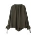 V-neck long sleeved pleated elastic ribbon solid color top for women