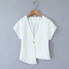 V-neck buckle asymmetrical white shirt top for women