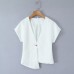V-neck buckle asymmetrical white shirt top for women